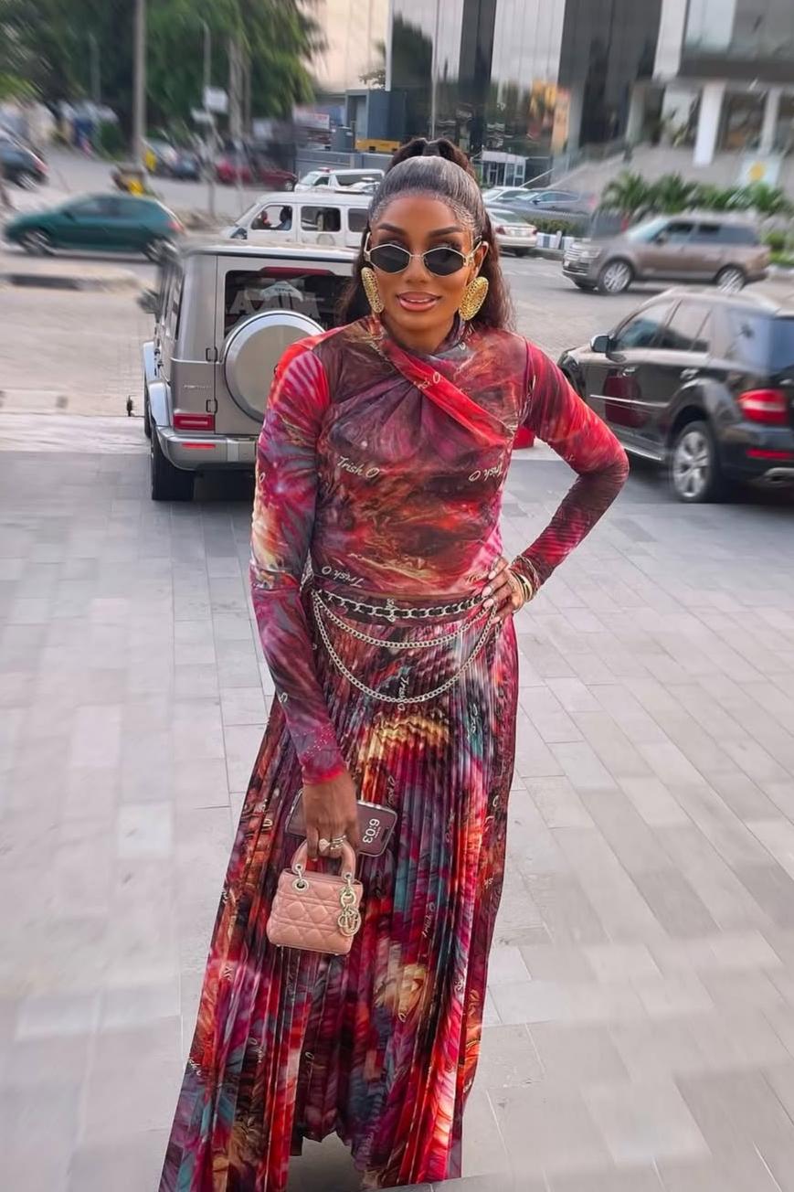 Red Multicolor Abstract Print Mesh Top & Pleated Skirt Set