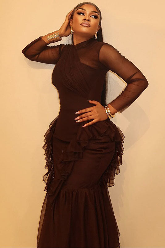 Sheer Mesh Long Sleeve Layered Ruffle Maxi Dress