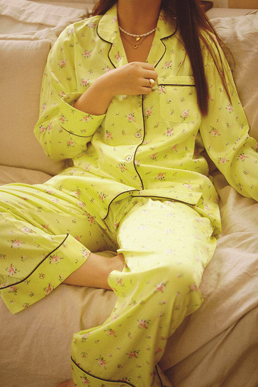 Fluorescent Green Floral Long Sleeve Pajama Set