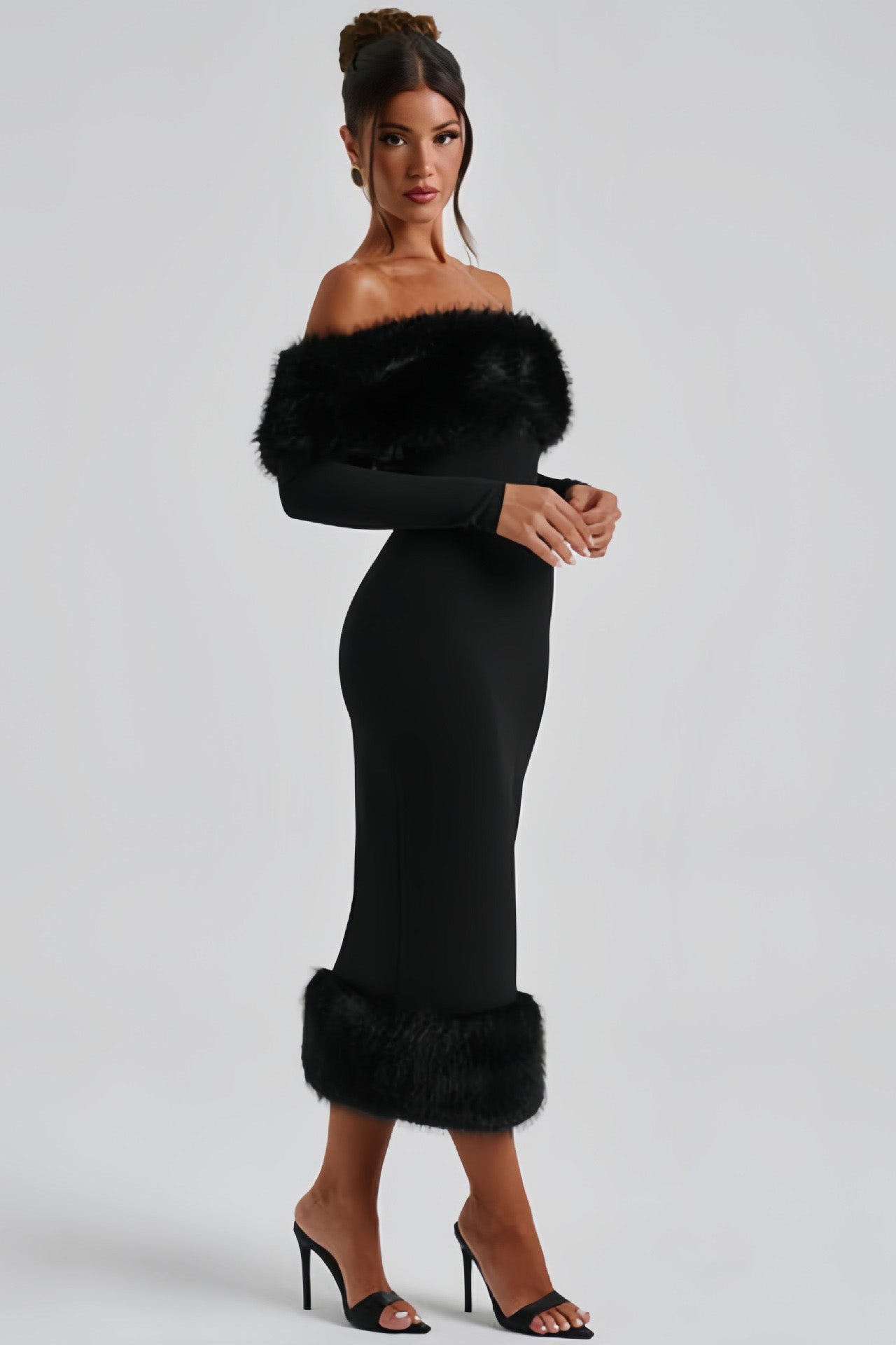 Elegant One Shoulder Fur Collar Slim Midi Dresses