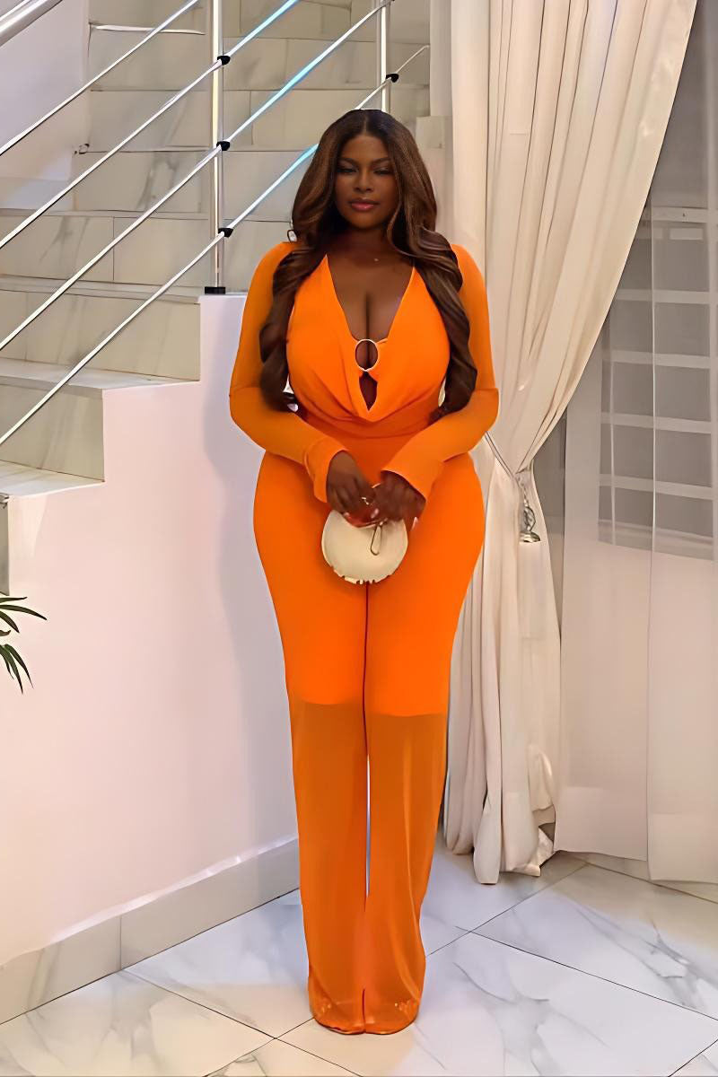 생기 있는 오렌지색 3피스 시스루 세트