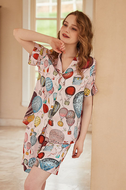 Hot Air Balloon Drécken Open-Front Short-Sleeve Pyjamas Set