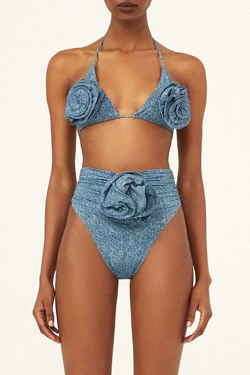 3D Floral Halter Sexy Bikini Set