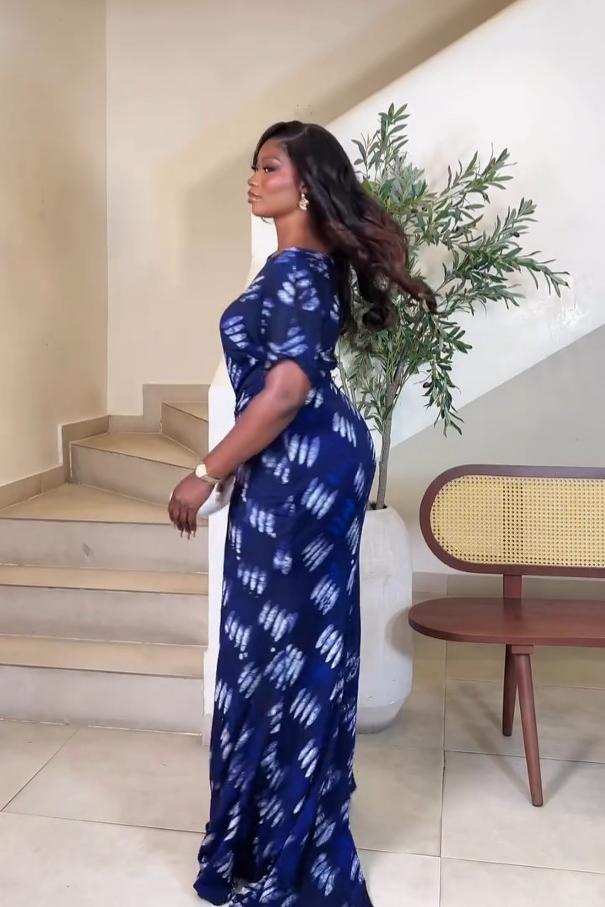 Navy Blue Feather-Print Ruched Maxi Dress