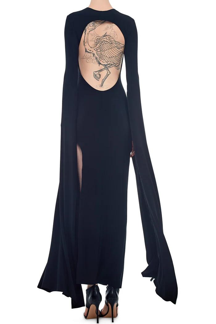 Ribbon Sleeve Wide Slit Gown