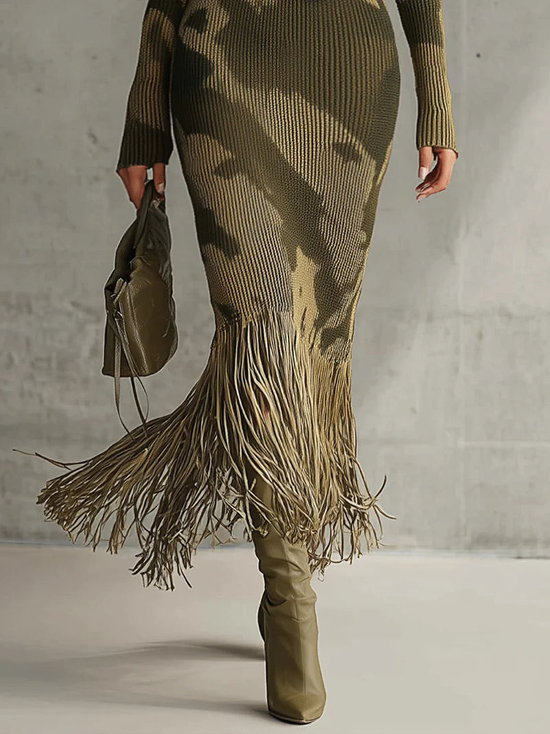 Olive Camo Knit V-Neck Fringe Hem Midi Dress