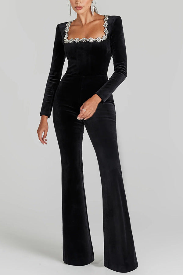 Jumpsuit in Velluto Diamante con Collo Quadrato