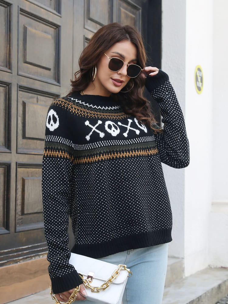 Retro Skull Pattern Round Neck Knitted Sweater