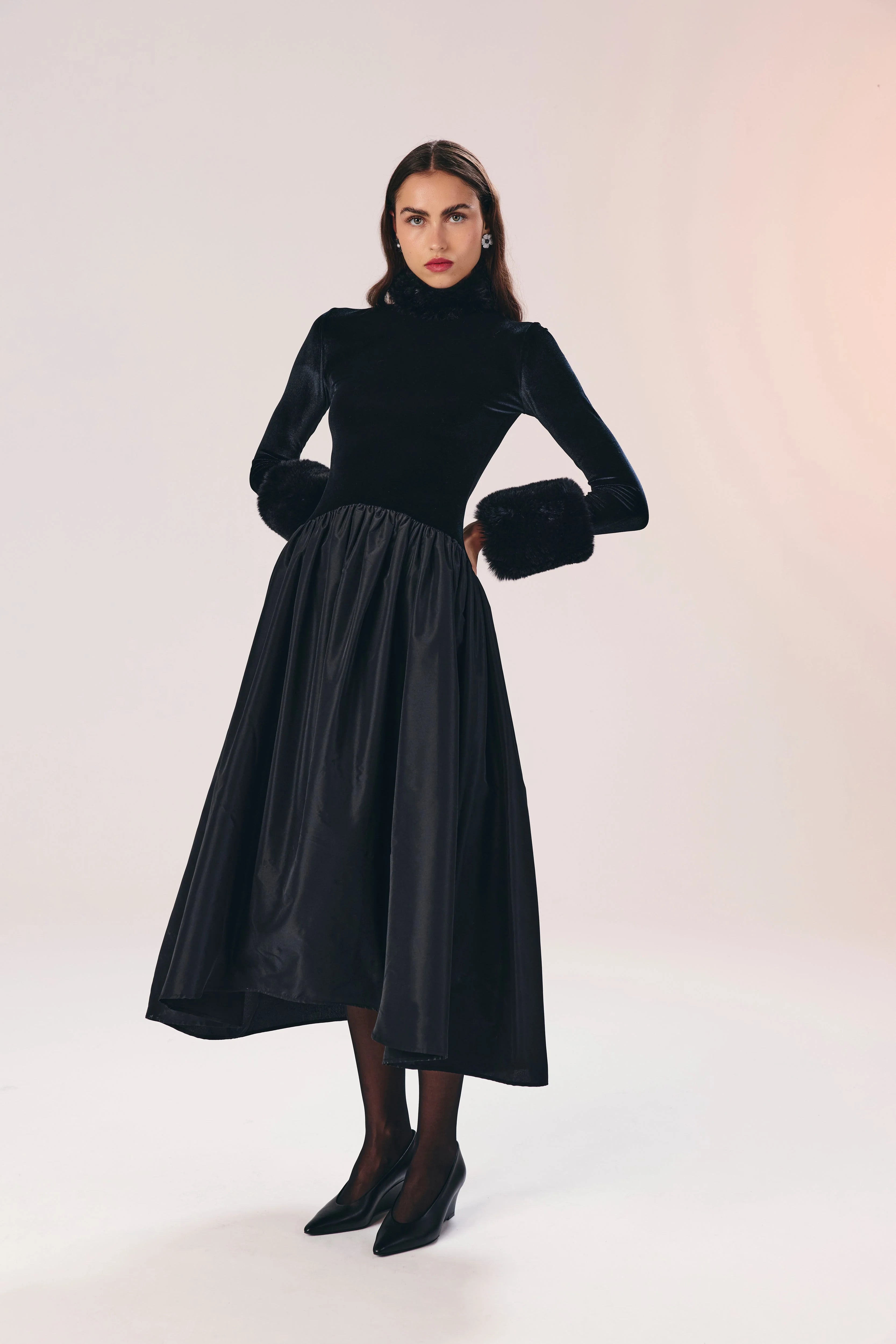 Opulent Velvet Satin Fur-Cuff Midi Dress