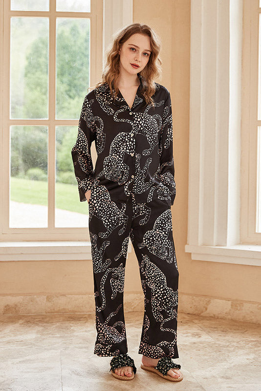 Black Jaguar Print Long-Sleeve Pajama Set