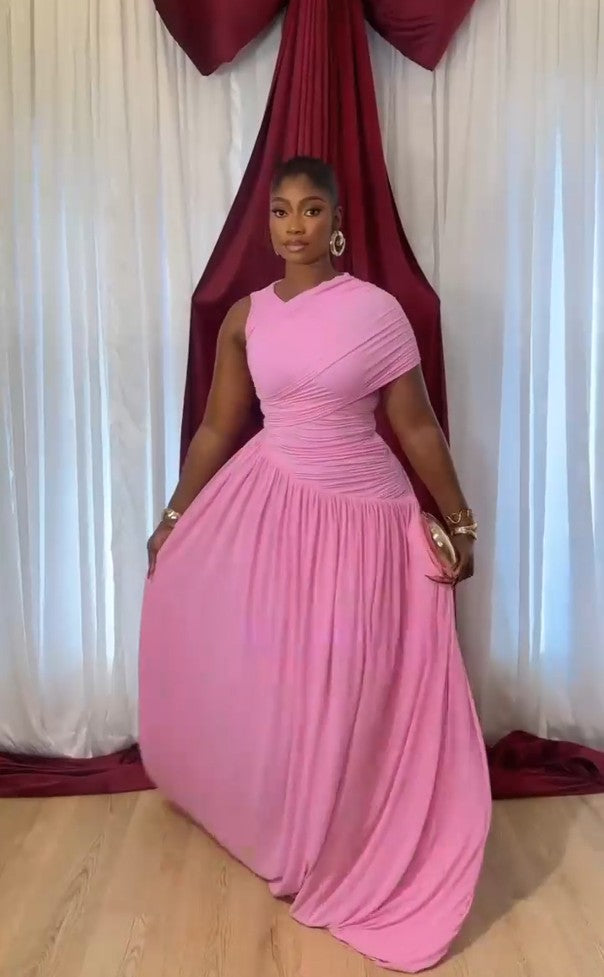 Hot Pink One-Shoulder Ruched Maxi Dress