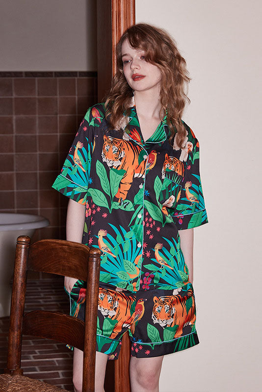 Tiger and Monkey Print Ice Silk Short-Sleeve Loungewear Set