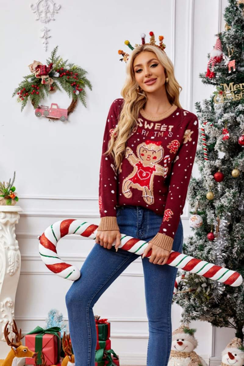 Casual Crewneck Embroidered Sweater – Gingerbread Man