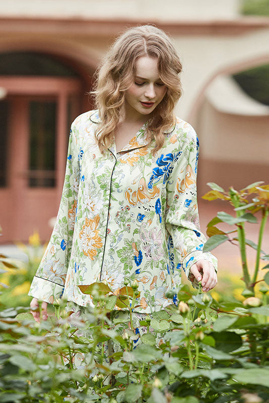 Morning Glory  and Lily Pattern Cardigan Long Sleeve Pajama Set