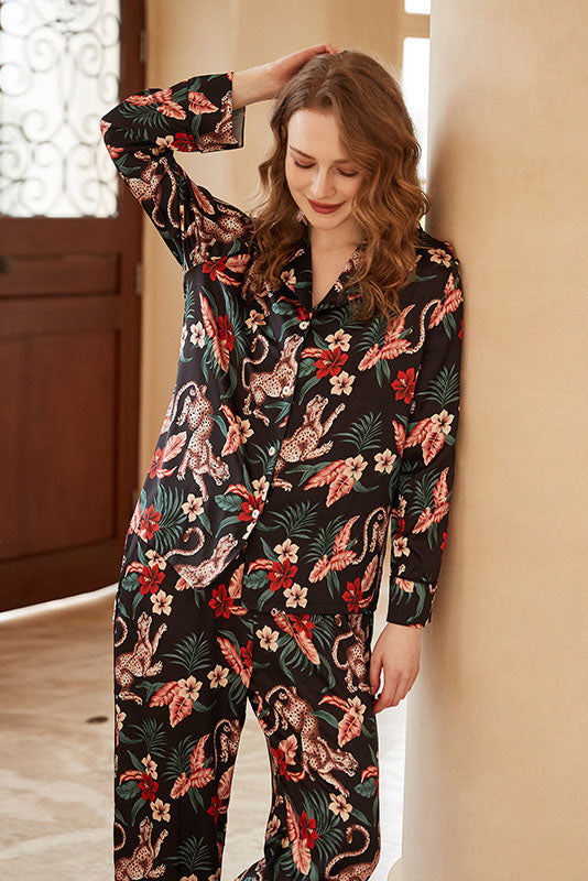 Jaguar and Floral Print Ice Silk Long-Sleeve Loungewear Set