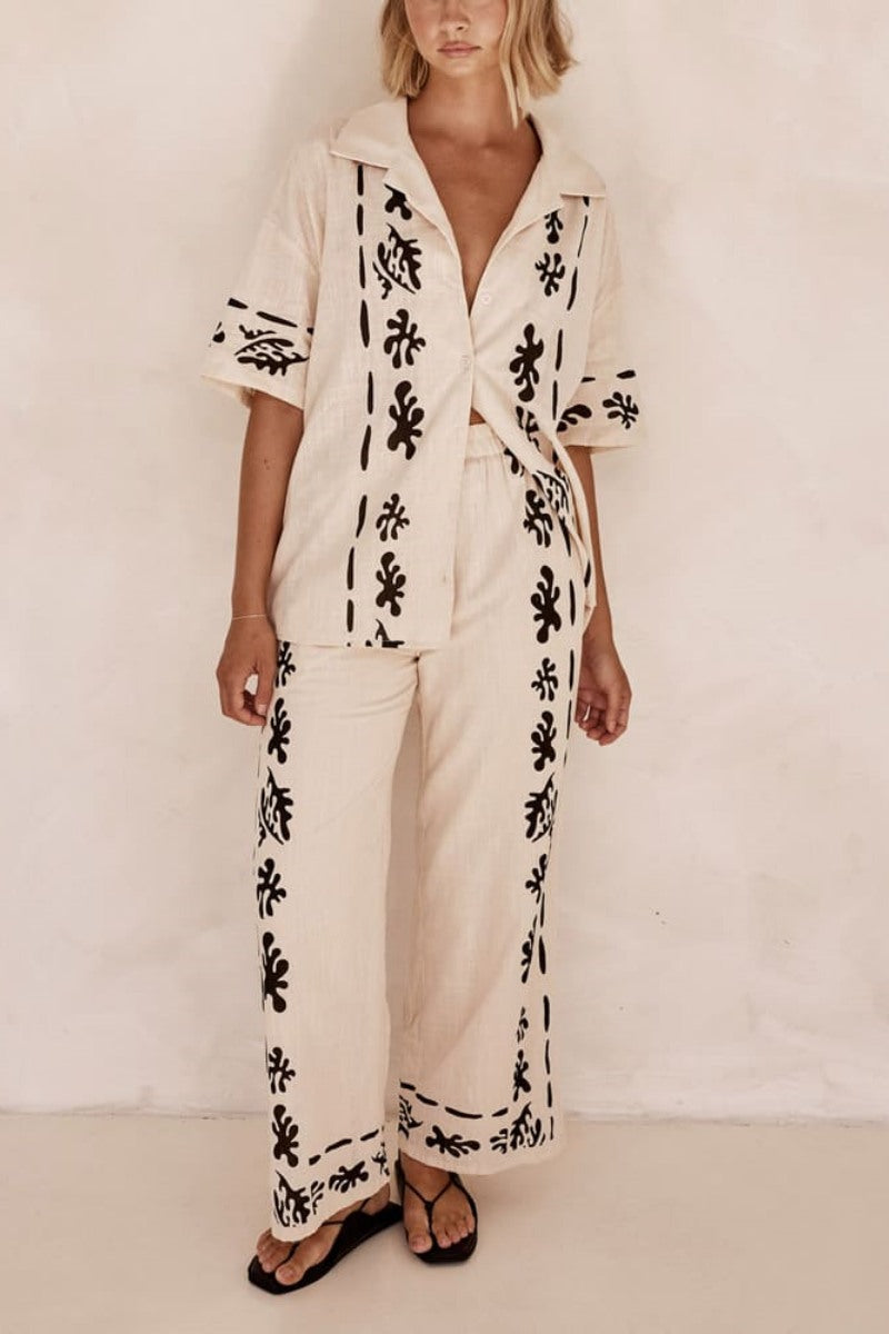 Black Printed Cream Wide Leg Pants-Set