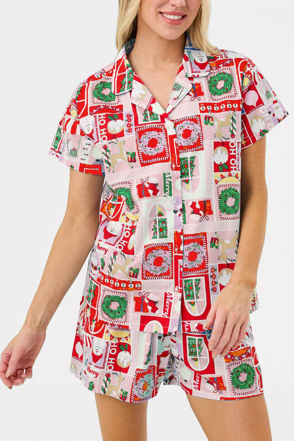 Christmas Print Short Sleeves Cute Cartoon Print Set