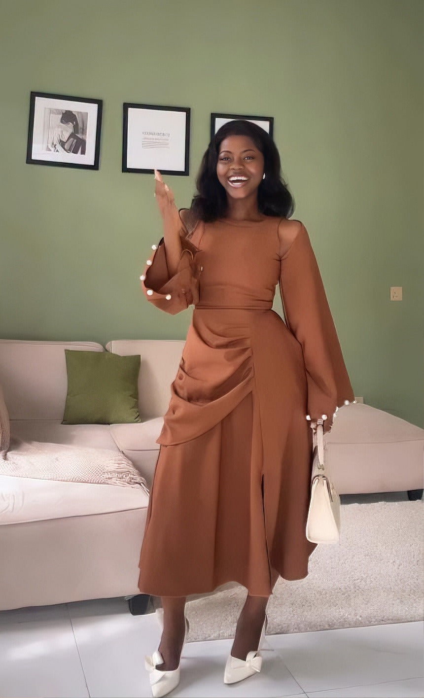 Pearl-Trimmed Asymmetric Pleated Midi Dress