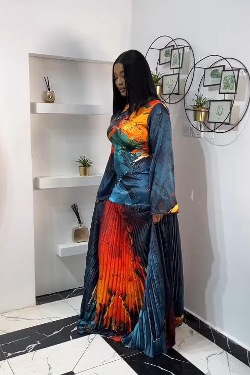 Artistic Print Deep V Pleated Maxi Dress