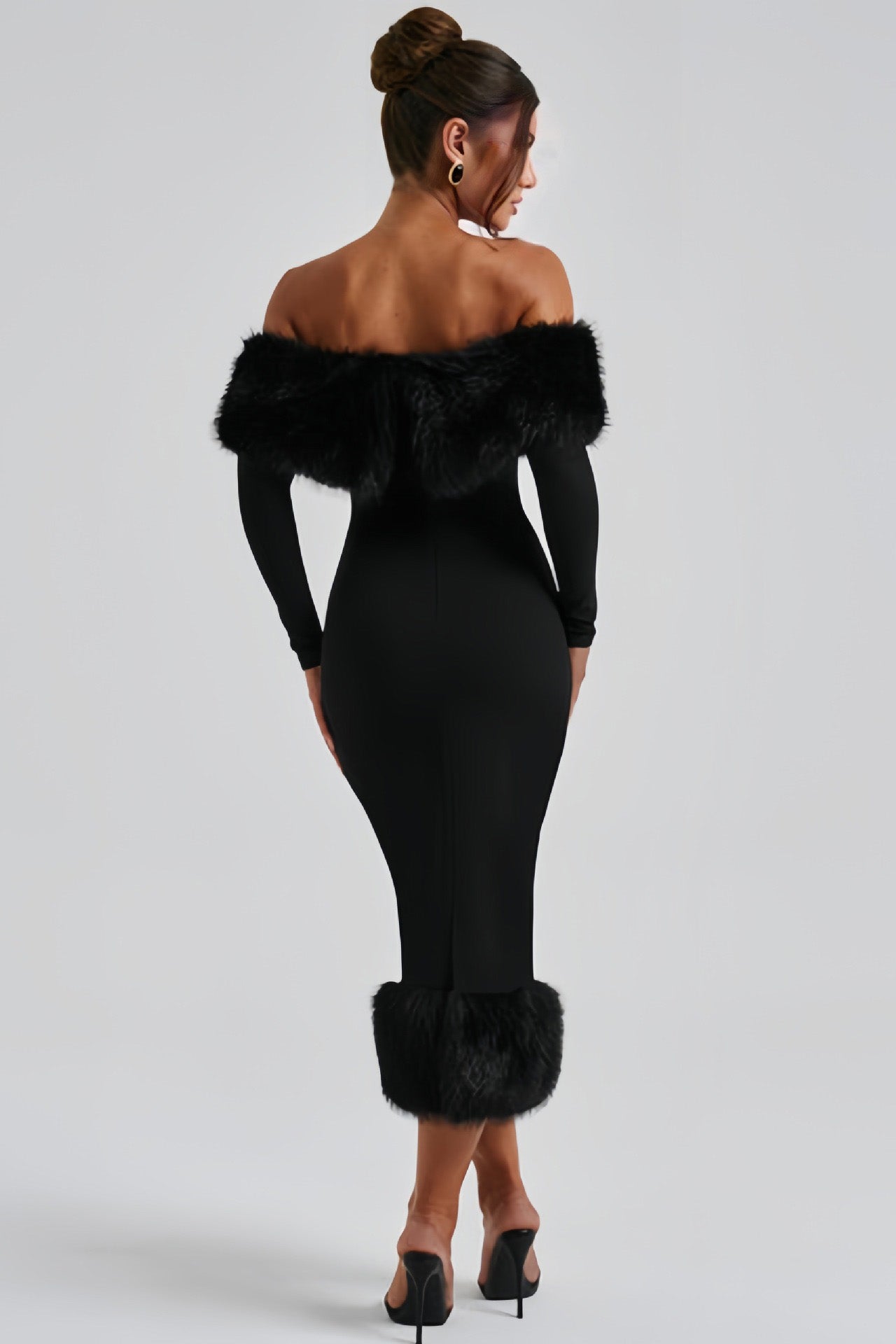 Elegant One Shoulder Fur Collar Slim Midi Dresses