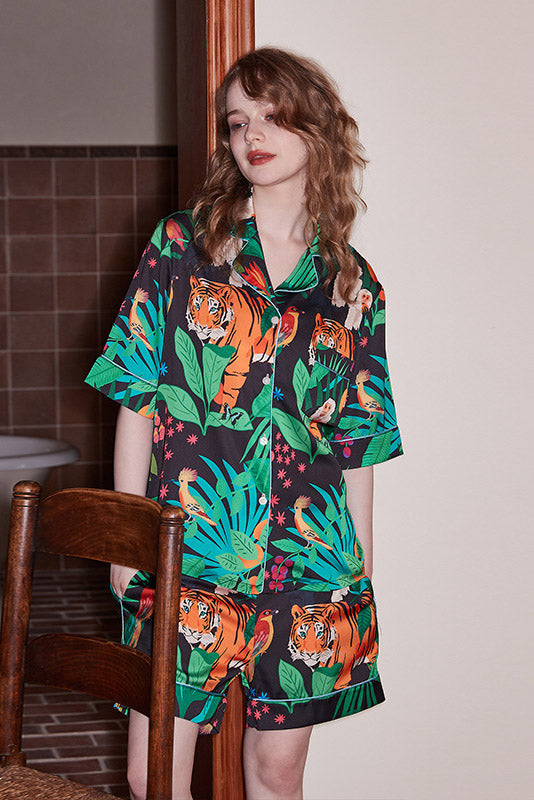 Tiger and Monkey Print Short-Sleeve Loungewear Set