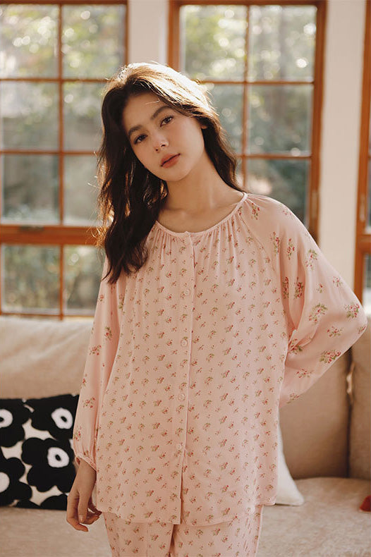 Saten Gül Nakışlı Pijama Takımı