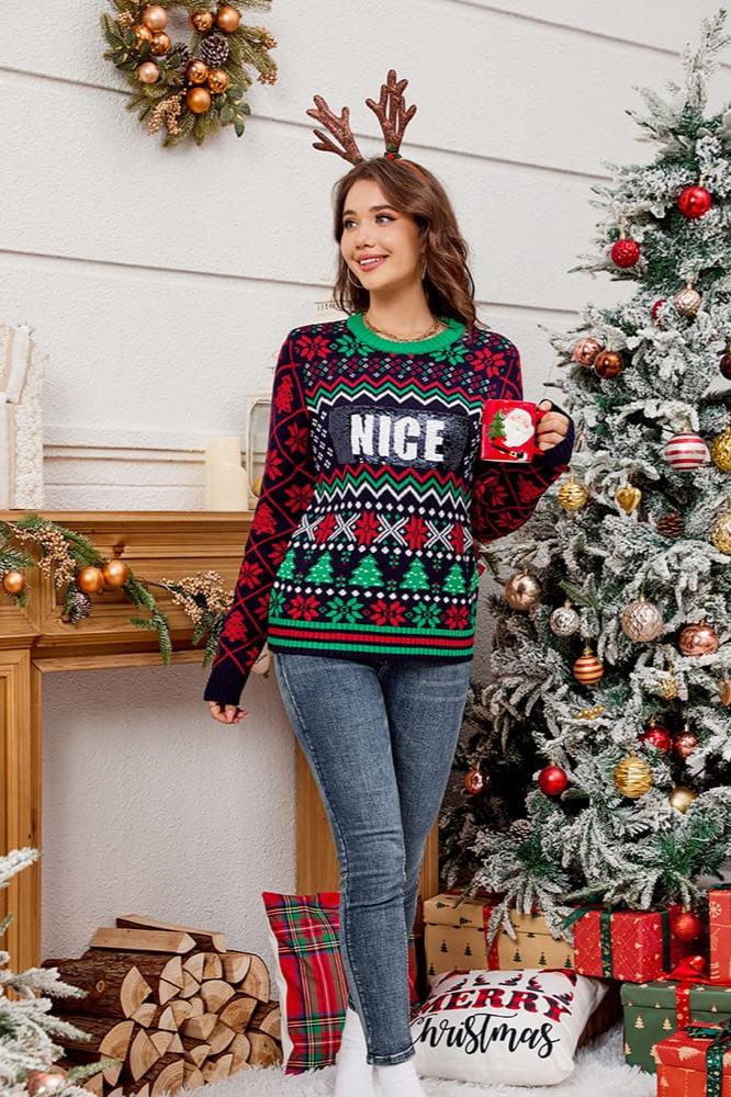 Pull tricoté en jacquard de Noël brodé de paillettes