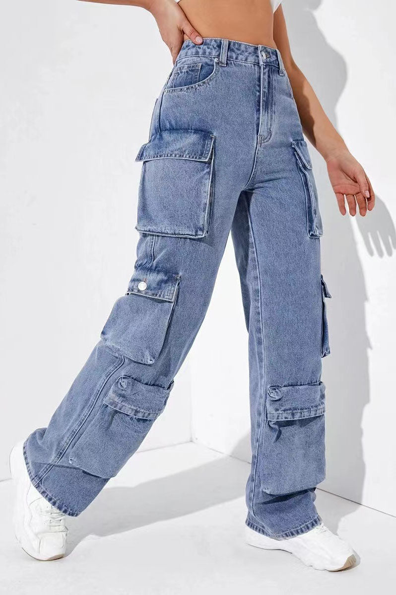 Denim-Cargohose mit hoher Taille