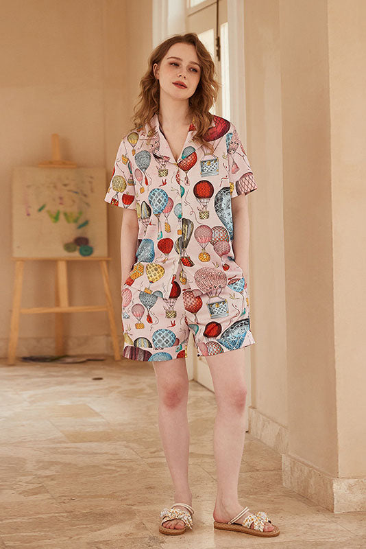 Hot Air Balloon Print Open-Front Short-Sleeve Pajama Set