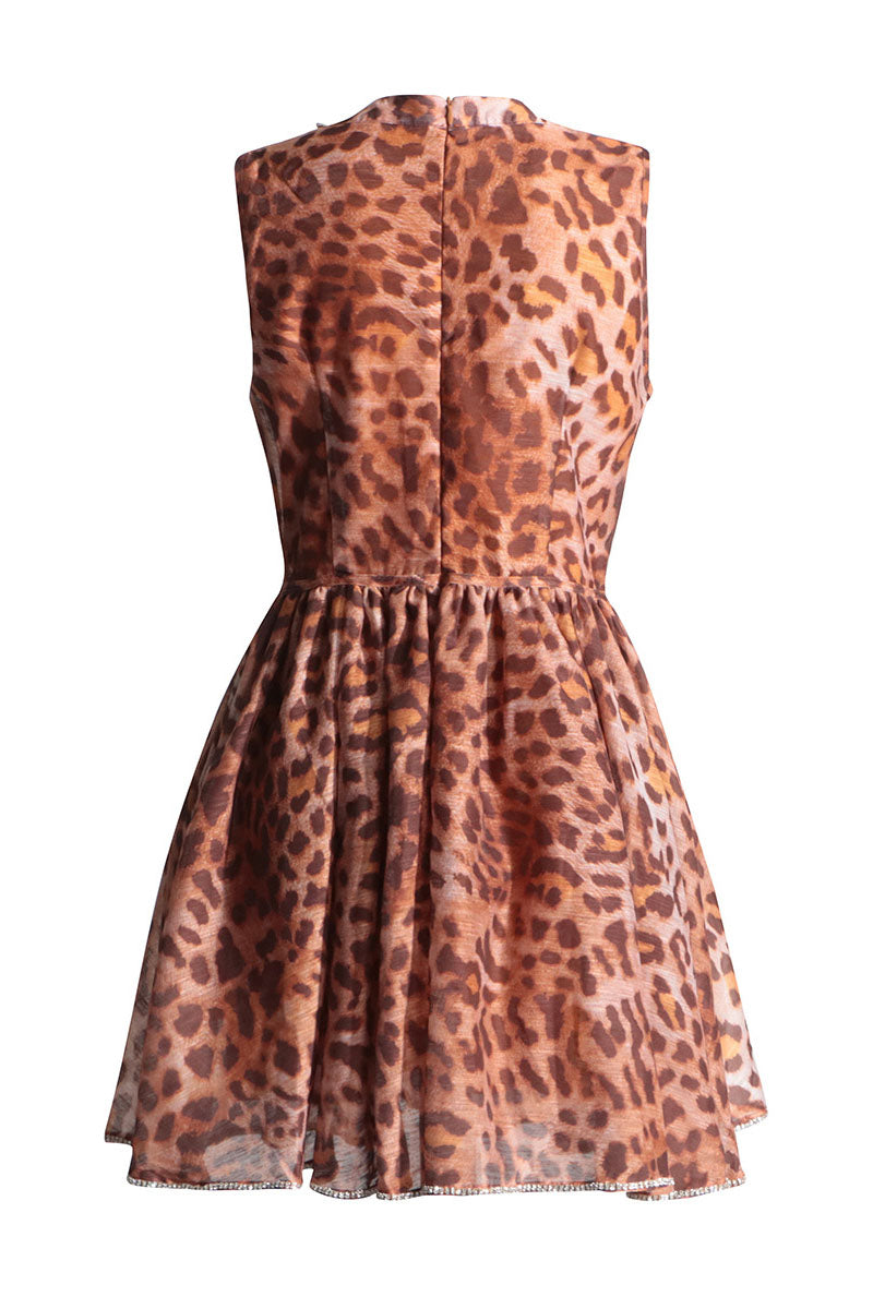 Leopard Print Round Neck Rhinestone Dress