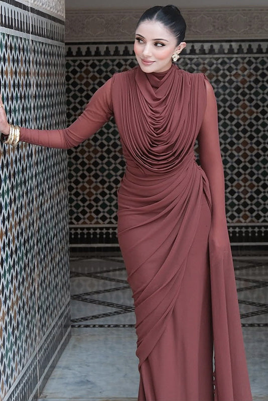 Sophisticated Terracotta Pleated Maxi Dress