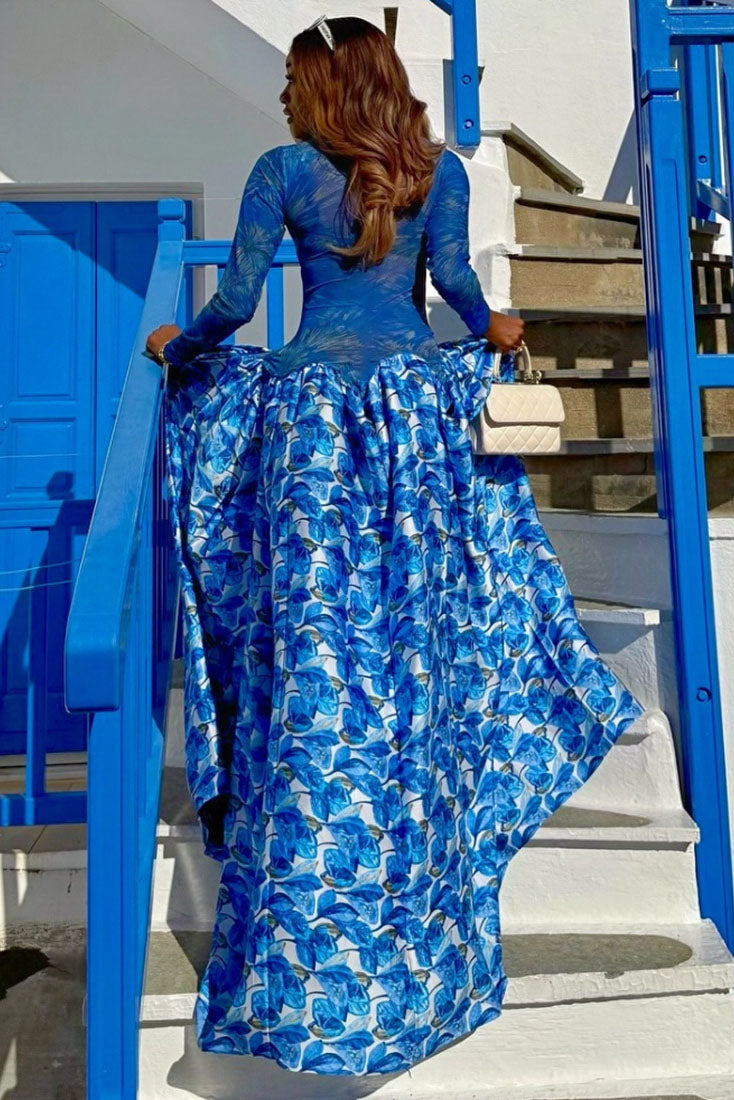 Santorini Rose Print Mesh Maxi Dress