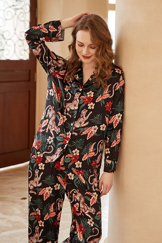 Jaguar og blomstertrykk med langermet Loungewear-sett