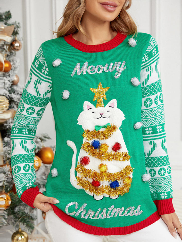 Christmas Long Sleeve Cat Appliqué genser med rund hals