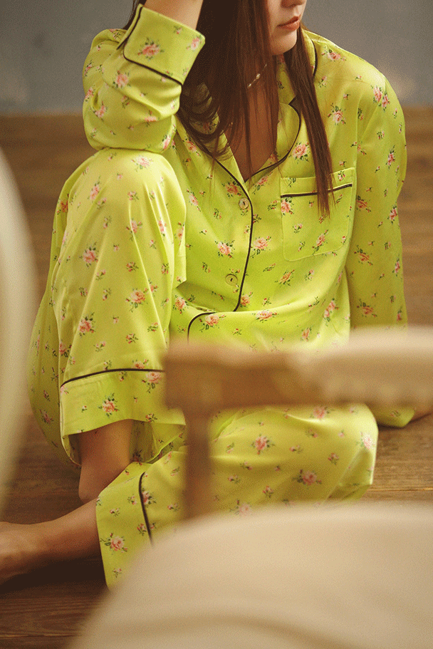 Fluorescent Green Floral Long Sleeve Pajama Set