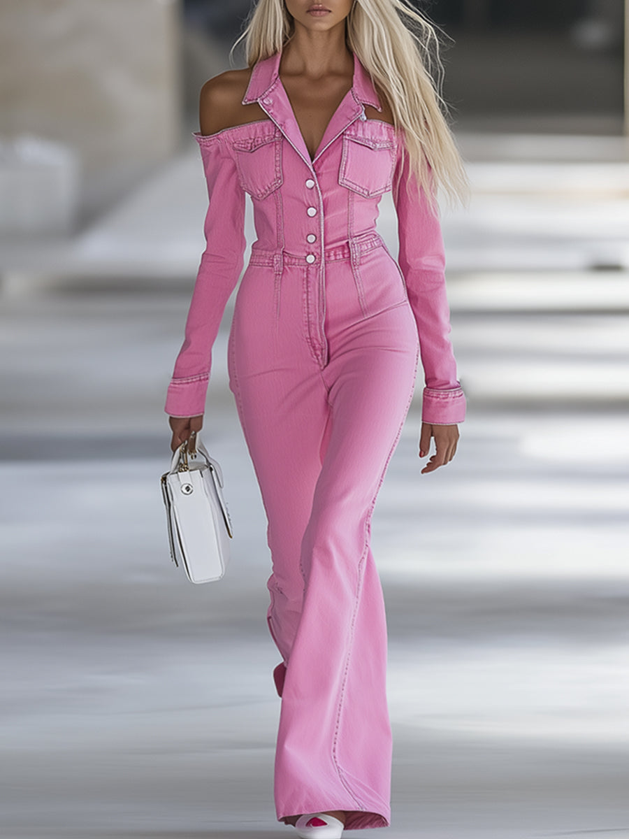 Motevennlig personlig rosa denim jumpsuit med avtagbar skulder, lange ermer og vide ben