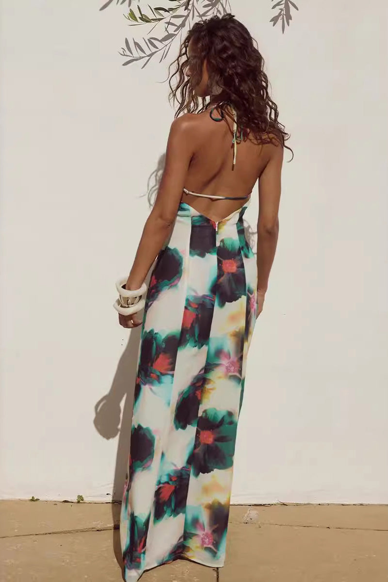 Halter Neck Tie Resort Style Print Maxi Dress