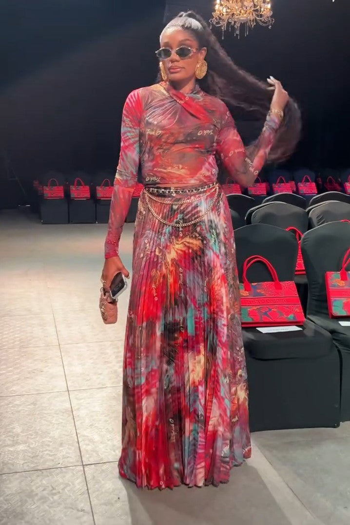 Red Multicolor Abstract Print Mesh Top & Pleated Skirt Set