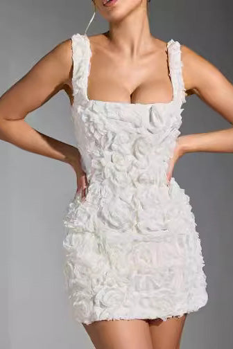 Floral-Appliqué Corset Mini Dress in White