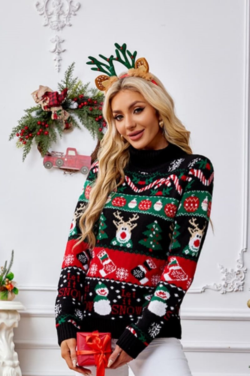 Hochgeschlossener Pullover mit weihnachtlicher Schneemann-Stickerei