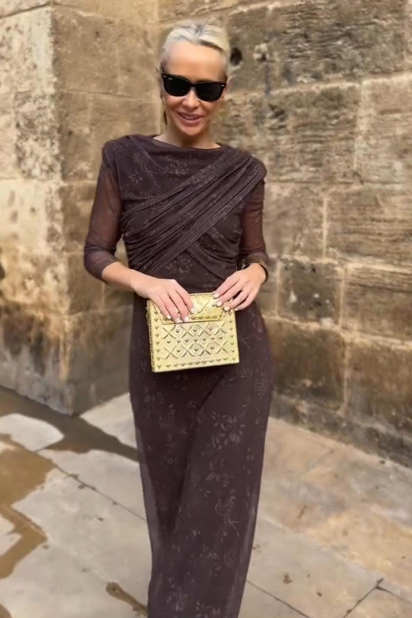 Luxury Brown Tulle Midi Dress