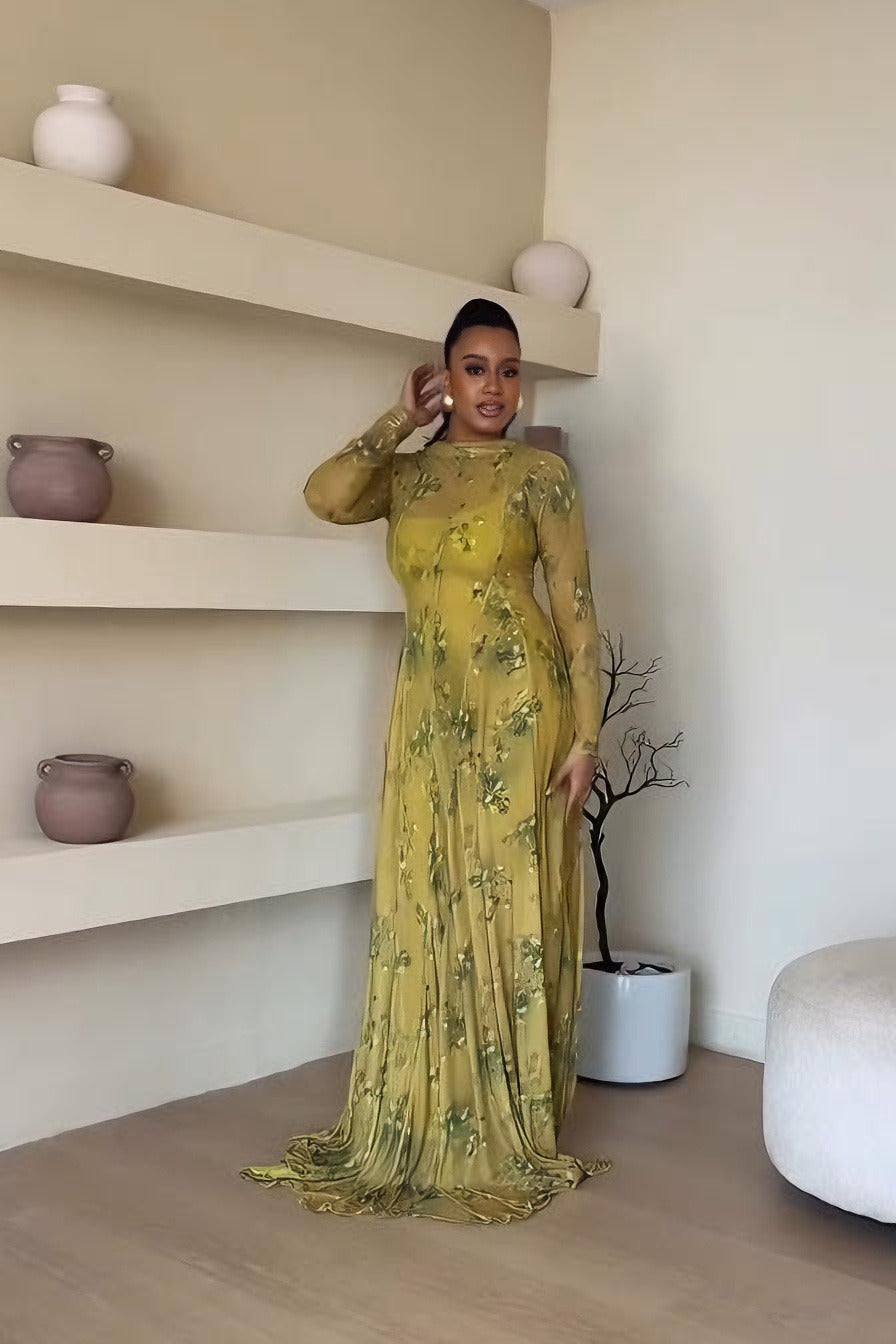 Lime-Green Floral Sheer Overlay Maxi Dress