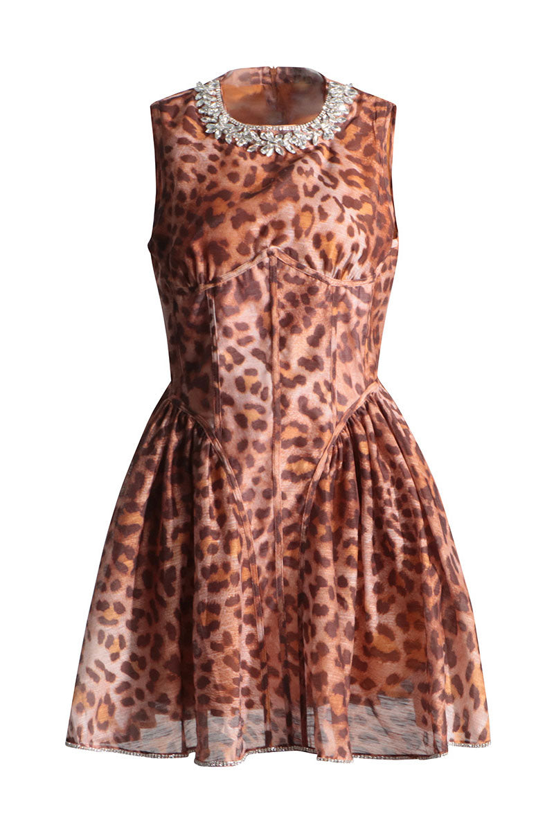 Leopard Print Round Neck Rhinestone Dress