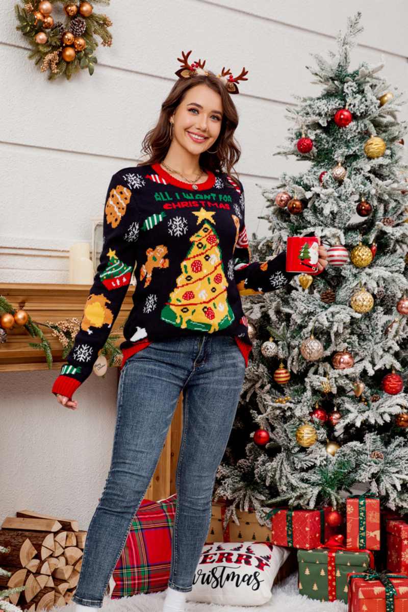 Lässiger, bestickter Weihnachtsbaumpullover mit Rundhalsausschnitt