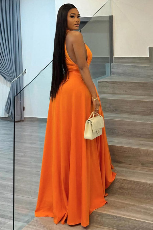 Robe Maxi Asymétrique à Queue Bronze Liquide