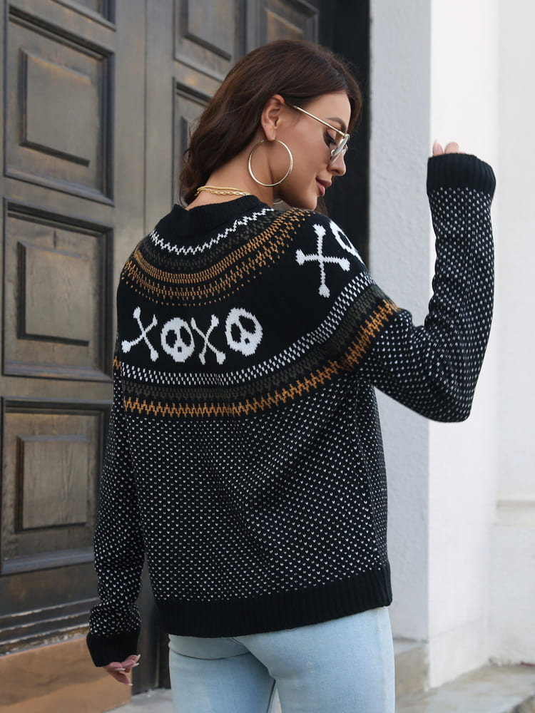 Retro Skull Pattern Round Neck Knitted Sweater