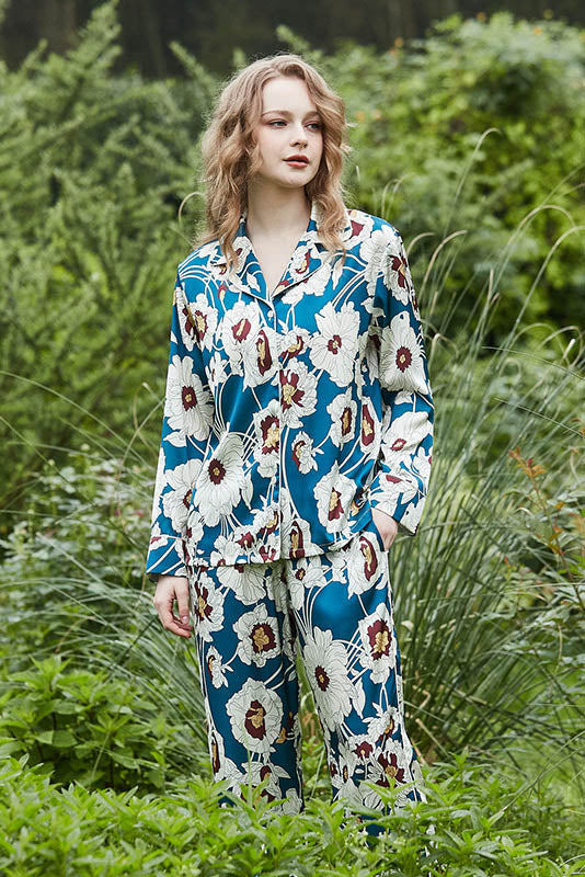 Blå Blomster Mønster Langærmet Loungewear Sæt