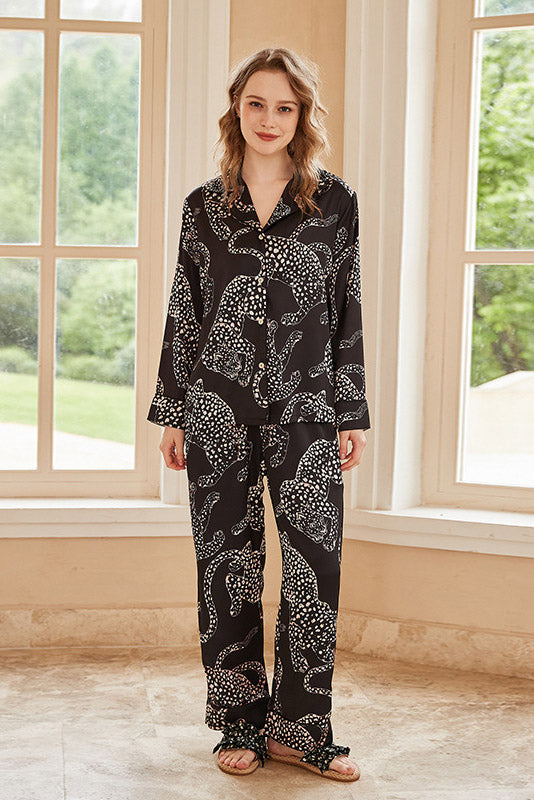 Black Jaguar Print Long-Sleeve Pajama Set