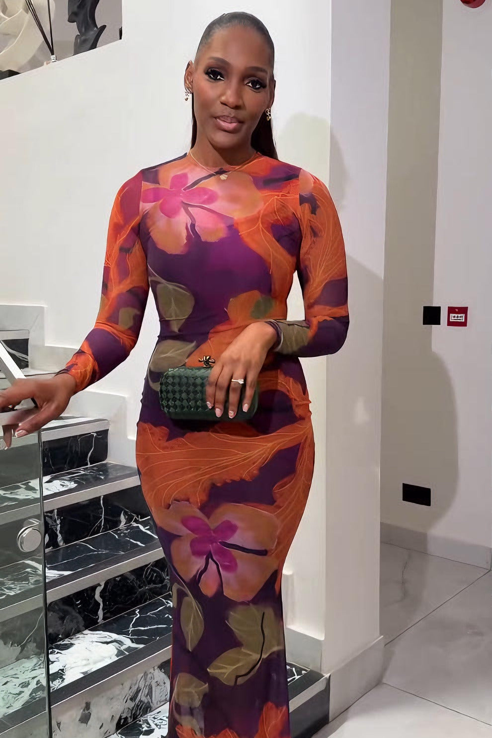 Luxury Floral High-Neck Mermaid Maxi Dress