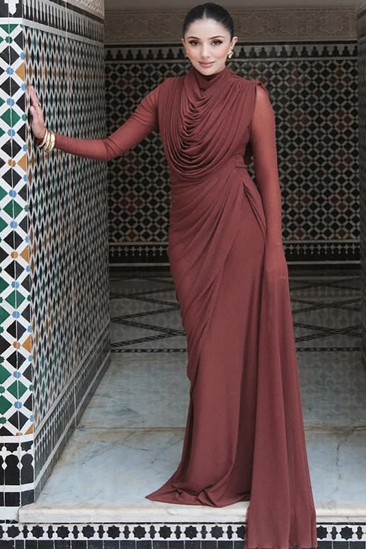Sophisticated Terracotta Pleated Maxi Dress